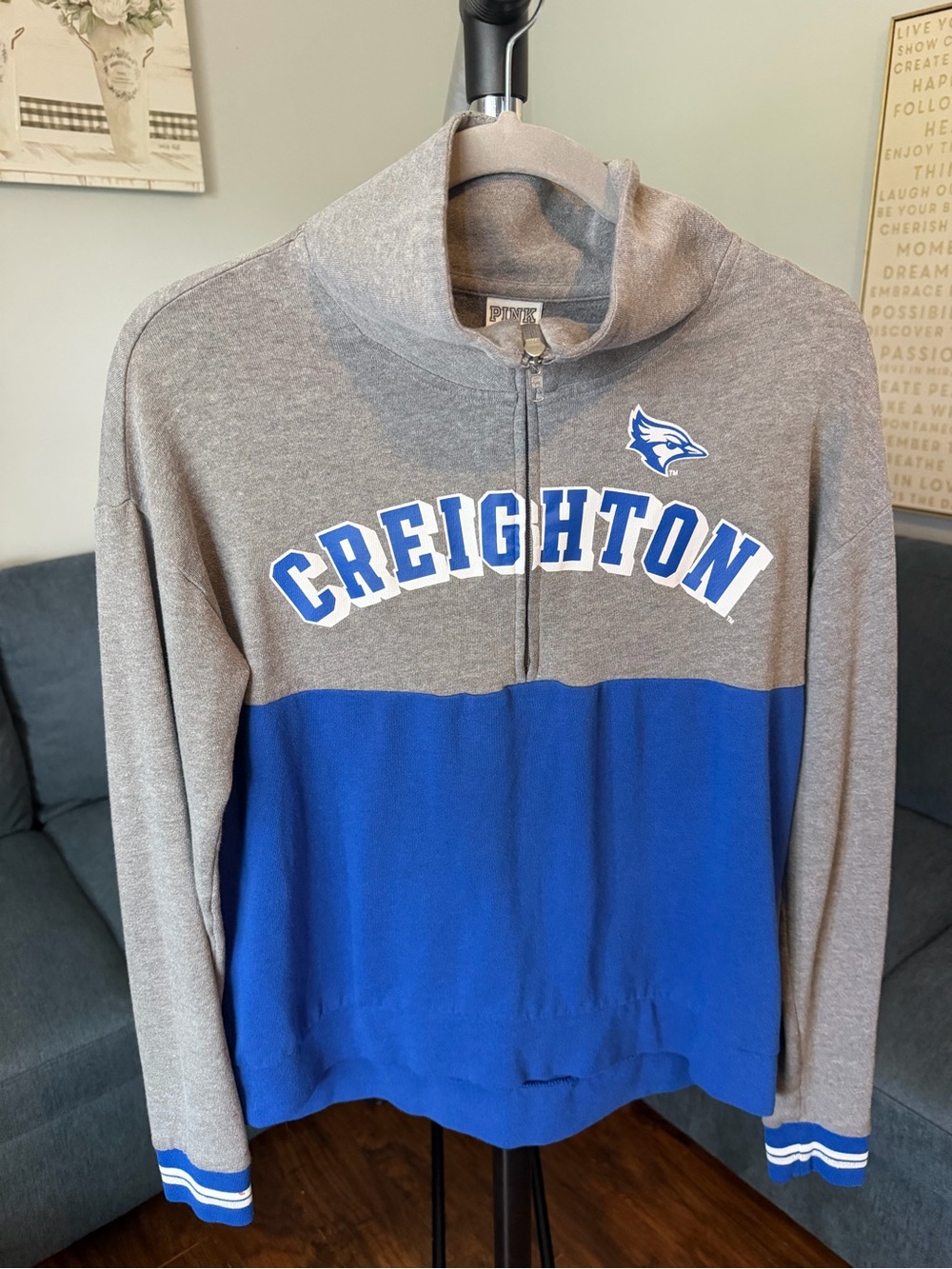 PINK Victoria's Secret Creighton Gray and Blue Half-Zip Sweater
